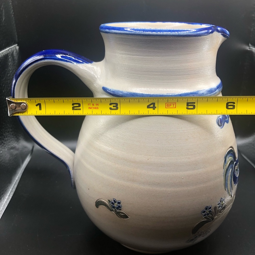 Henrichs Klauer Signed Salt Glazed Pottery Colbalt Blue Rooster Hen Pitcher - Picture 11 of 15